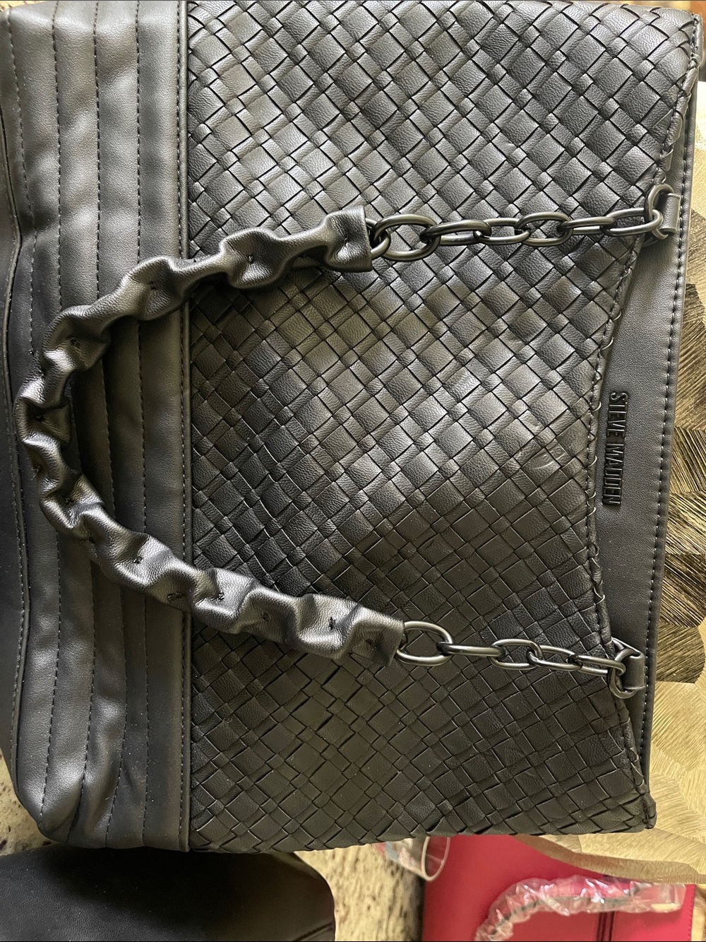 Steve Madden Black Woven Shoulder Bag with Ruched Chain Strap
